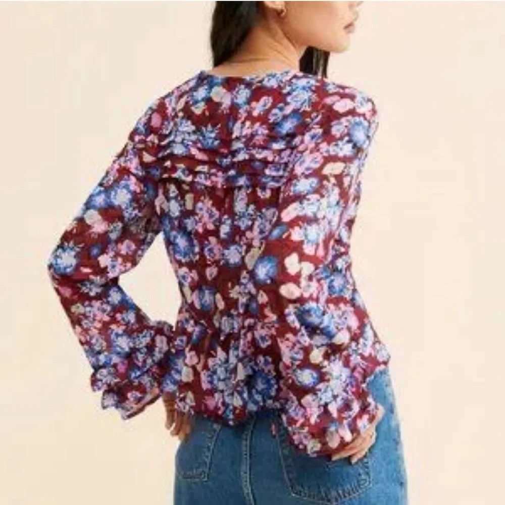 Free People Maybel Floral Ruffle Blouse - Red and Blue Sz S NWT - Picture 2 of 3
